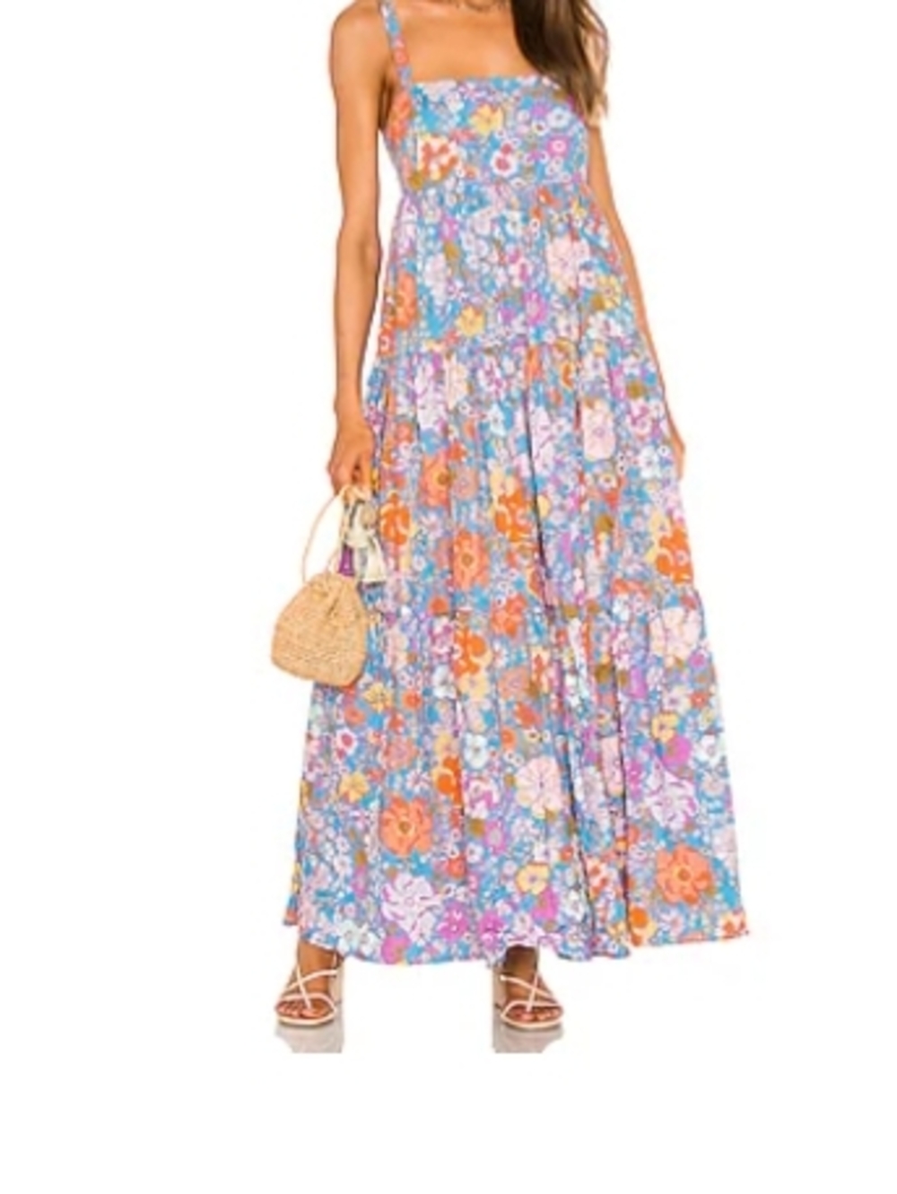 Free People Lavender Floral Tiered Maxi Dress with Orange & Blue Blooms